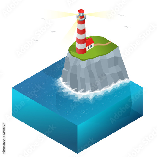 Lighthouse vector isometric illustration. Searchlight towers for maritime navigational guidance.
