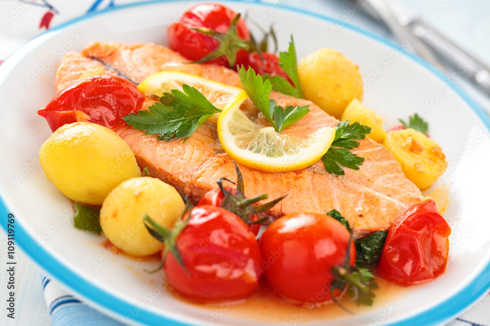 Fried salmon with vegetables. Fried salmon with vegetables.
