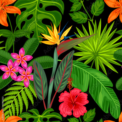 Seamless pattern with tropical plants, leaves and flowers. Background made without clipping mask. Easy to use for backdrop, textile, wrapping paper
