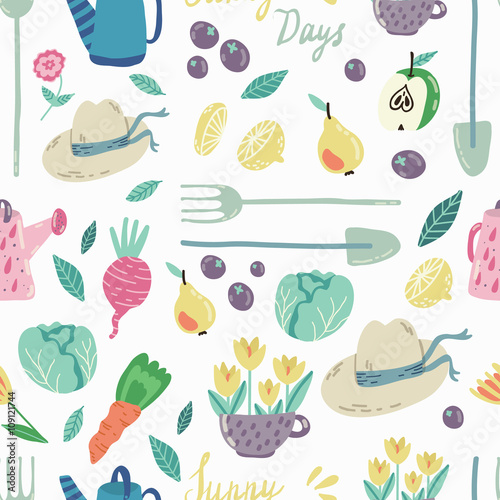 Fototapeta Naklejka Na Ścianę i Meble -  Spring Garden seamless vector pattern. Adorable childish illustrations with gardening supplies, rabbits, fruits and veggies. Perfect for scrapbooking paper, textile, stationary and web.