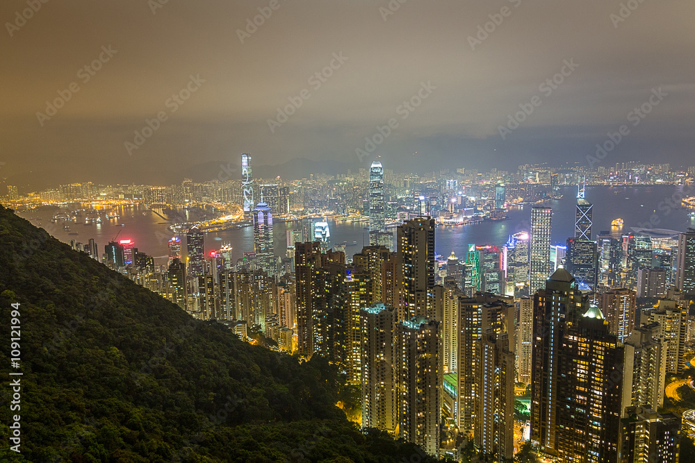 Magic Panoramic View of Hong Kong City from Victoria Peak at Nig