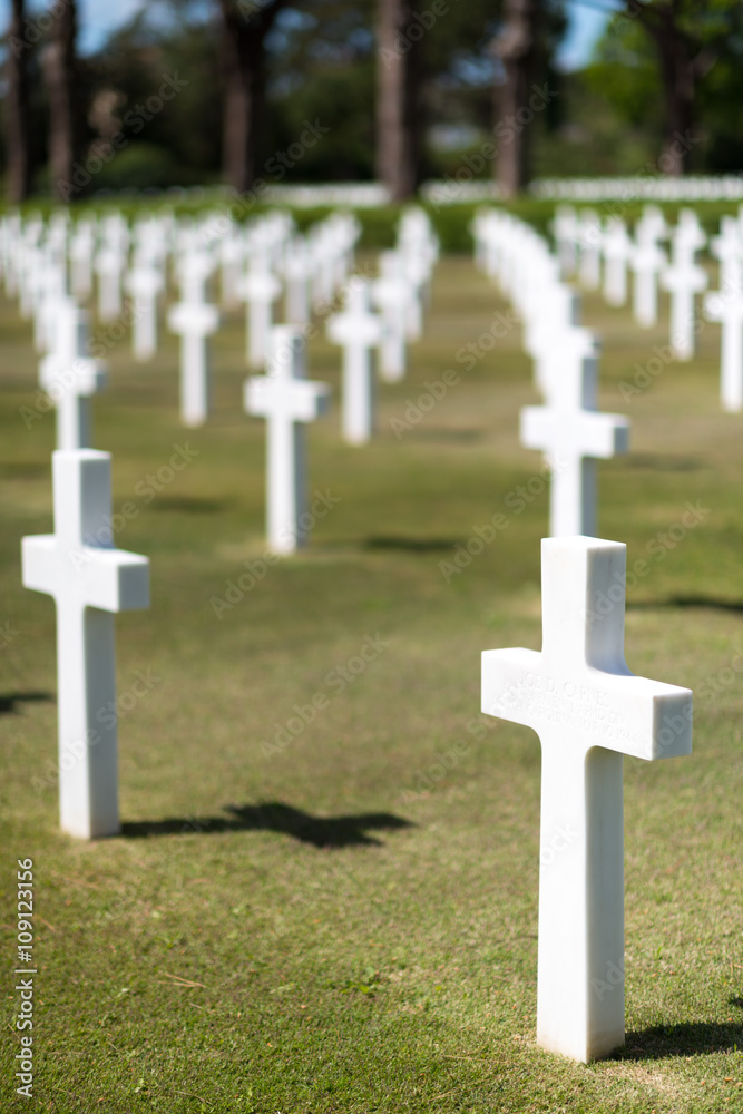 Obraz premium Croci bianche allineate su un prato verde nel cimitero militare americano a Nettuno