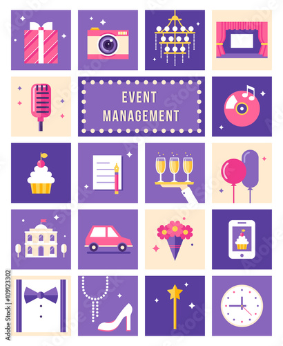 Event Management , Party and Celebation Flat Style Icons Set