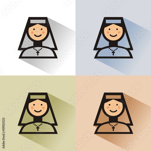 Icono de una monja sobre fondos de colores. Ilustración vectorial