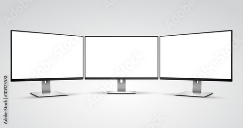 Three Computer Monitors with Ultra-thin display border with blank white screen Mockup