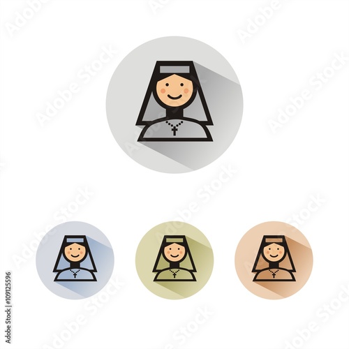 Icono de una monja sobre fondos de colores. Ilustración vectorial