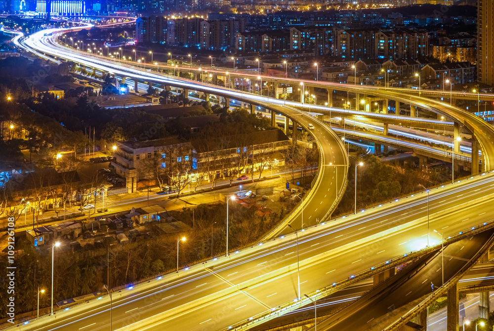 aerial night view of shanghai illuminated overpass