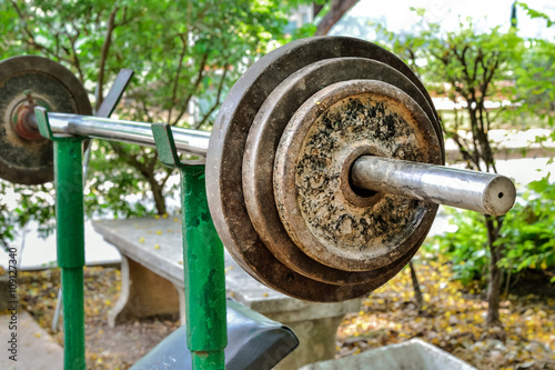 Old rusted Weight bar, Outdoor view (dumbbell, rust, weights)
