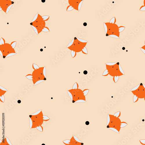 Cute foxes seamless vector pattern. Vector cute cartoon fox seamless pattern. Orange fox s head on light background. Good for print  textile  fabrics  wallpaper  decoration. Fox silhouette.Cartoon fox