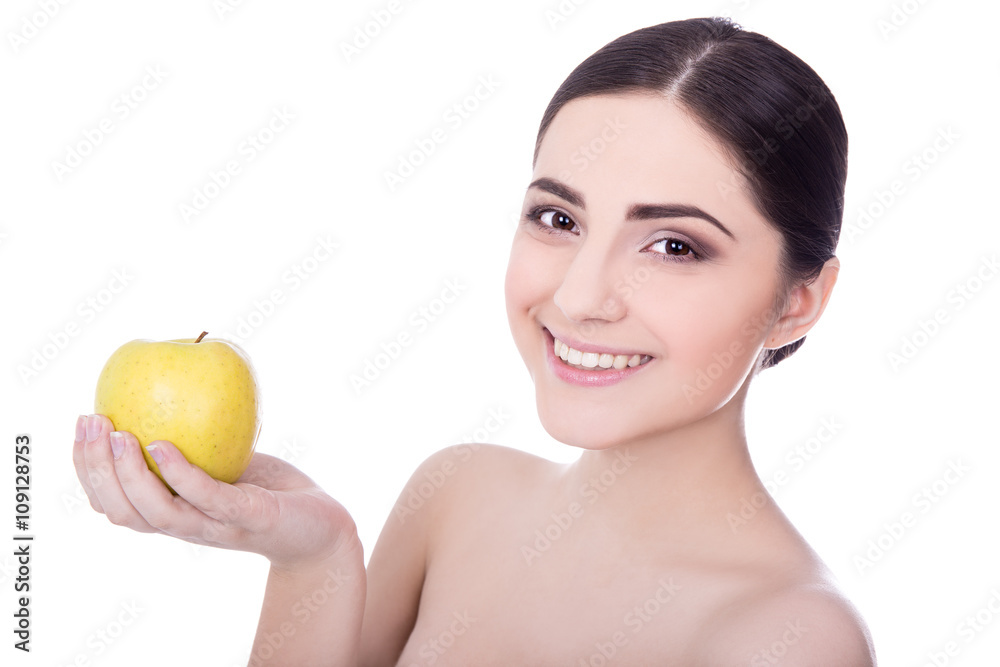 diet concept - portrait of young beautiful woman with apple isol diet concept - portrait of young beautiful woman with apple isol