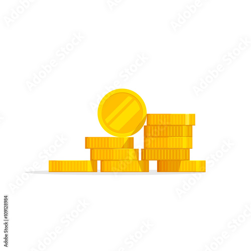 Coins stack vector illustration, coins icon flat, coins pile, coins money, one golden coin standing on stacked gold coins modern design isolated on white background photo