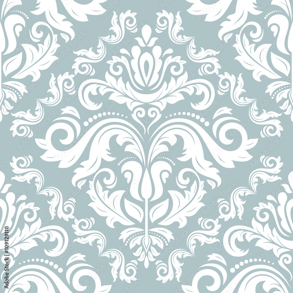Seamless oriental ornament in the style of baroque. Traditional light blue and white classic vector pattern
