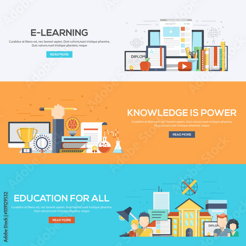Flat designed banners- E learning, Knowledge is power and Educat