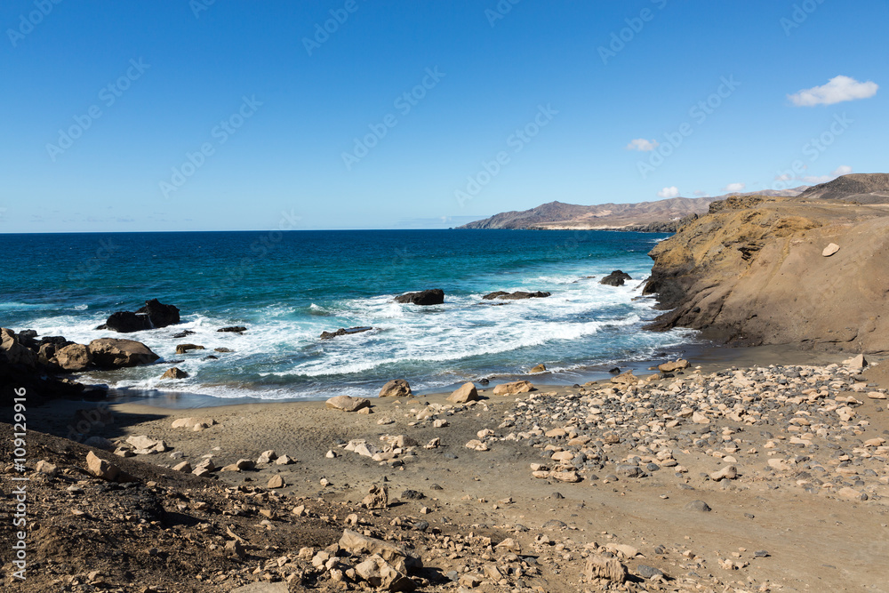 Rock coast near La Pared village on the south western part of Fuerteventura . Canary Islands, Spain