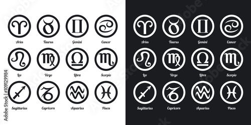 Set of zodiac signs. Two-tone version on black and white backgro
