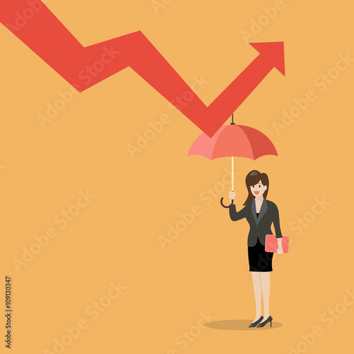 Business woman with umbrella protecting from graph down