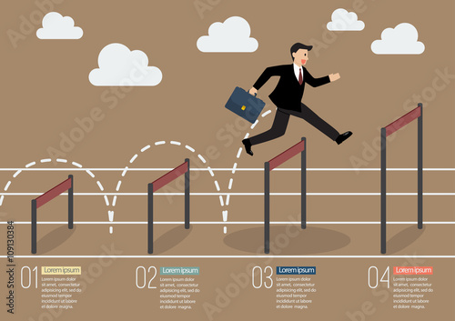 Businessman jumping over higher hurdle infographic