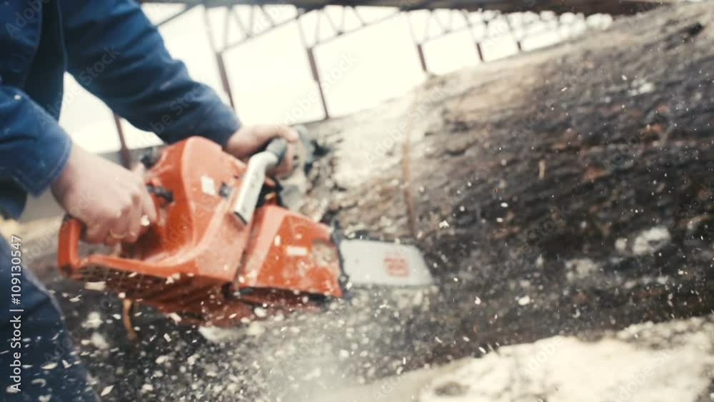 Cutting through wood with chainsaw in super slow motion. 
