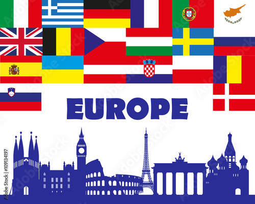 Fototapeta Naklejka Na Ścianę i Meble -  European landmark. Cities. Flags.