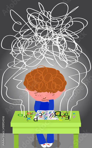 Frustrated dyslexic boy trying to read. Vector illustration.