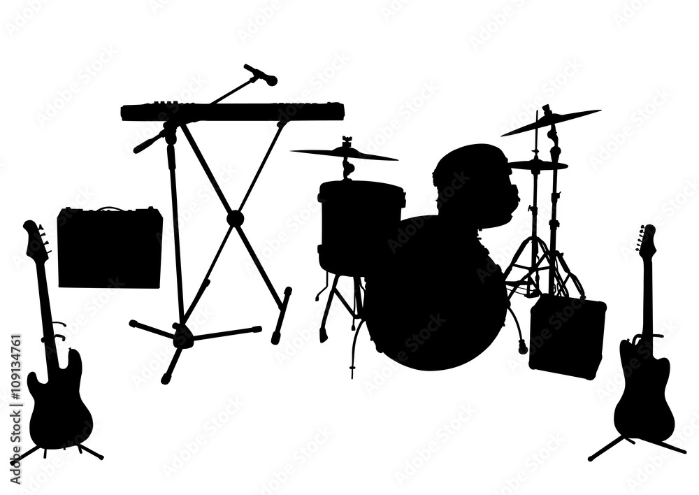 Silhouettes of musical instruments isolated on white background. Vector ...