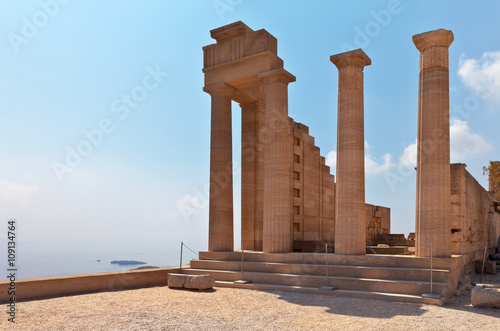 Greece. Rhodes. Doric columns of the ancient Temple of Athena Lindia the IV century BC in the Acropolis of Lindos
