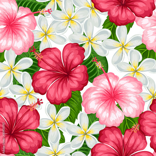 Seamless pattern with tropical flowers hibiscus and plumeria. Background made without clipping mask. Easy to use for backdrop, textile, wrapping paper