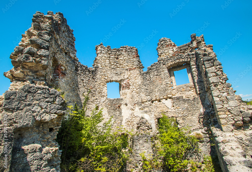 Ruined walls of the old abandoned medieval fortress Samobor, Croatia 