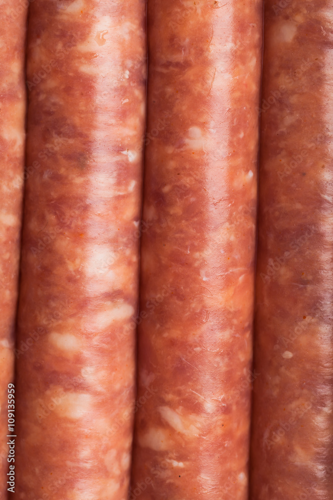 raw meat sausages, closeup view raw meat sausages, closeup view
