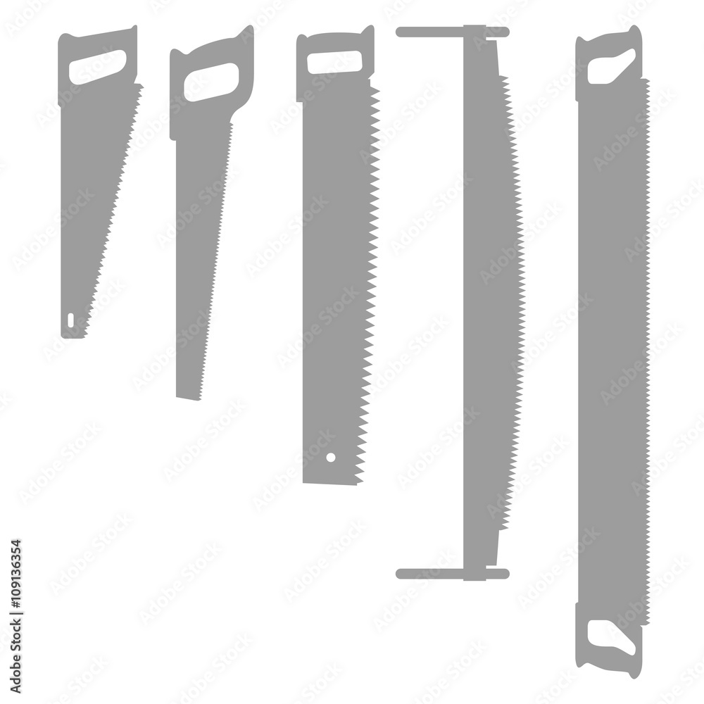 Hand saw. Set of silhouettes carpentry tools for sawing wood products. One-handed and two-handed saw. Can be used for articles and posters on the theme of manual works. Vector illustration. Hand saw. Set of silhouettes carpentry tools for sawing wood products. One-handed and two-handed saw. Can be used for articles and posters on the theme of manual works. Vector illustration.