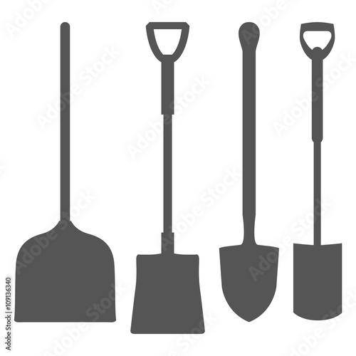 Spade silhouettes. Set of  contours of shovels for different purposes: Garden, digging, harvesting. Hand tools for cultivation of land. Vector illustration.