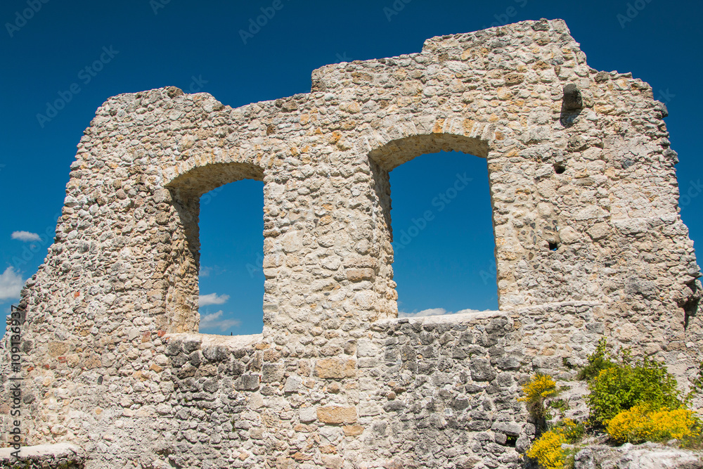     Windows holes in old ruined medieval fortress Samobor, Croatia 