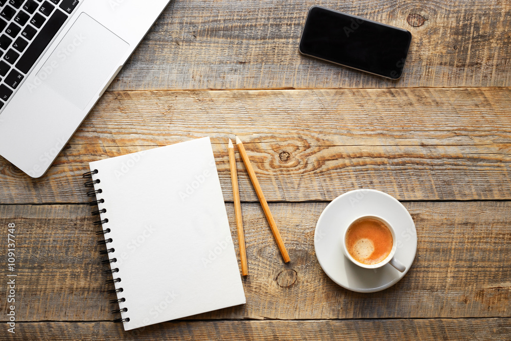 Working place at home on wooden table Working place at home on wooden table
