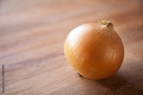 Close-up of onion on wood  empty space on left