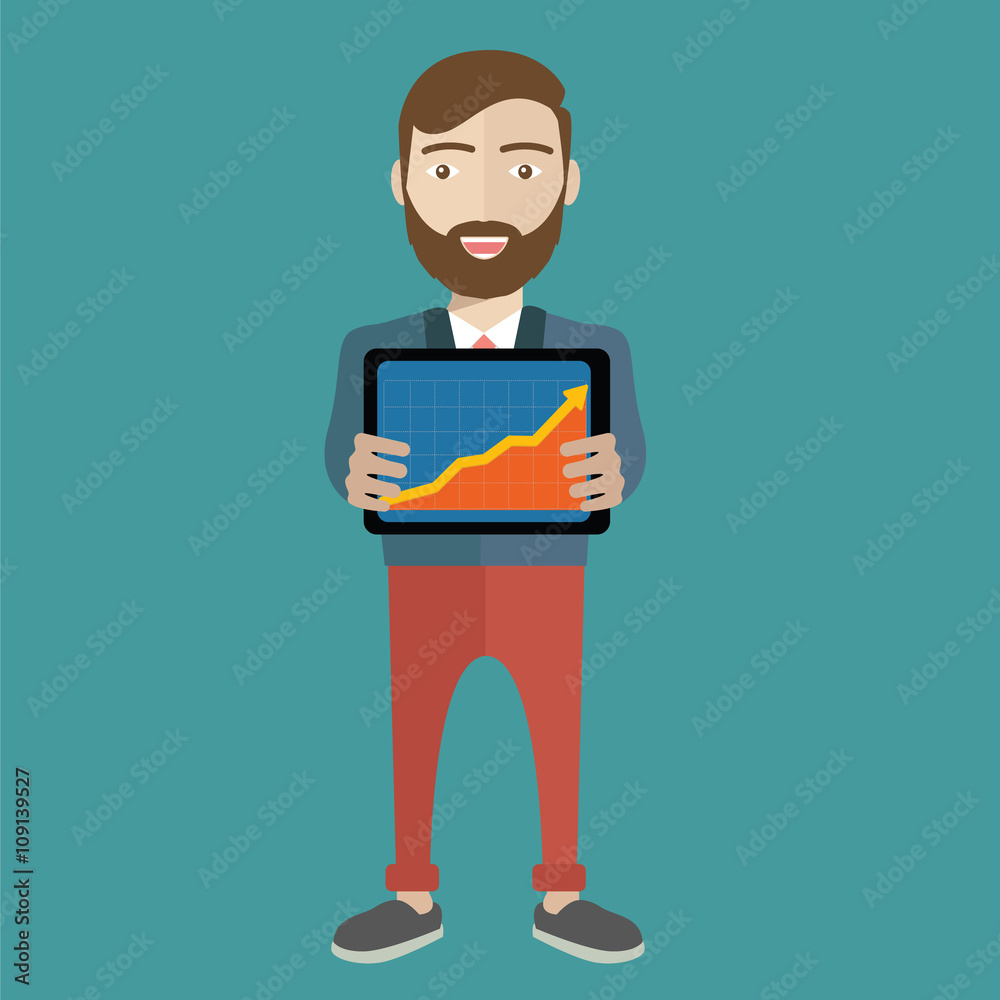 Businessman with a tablet showing task and analytic, flat modern design