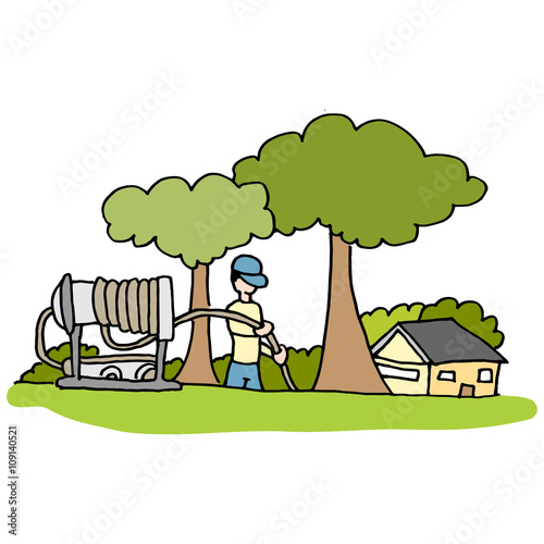 high pressure hose Plumber working in front yard of home