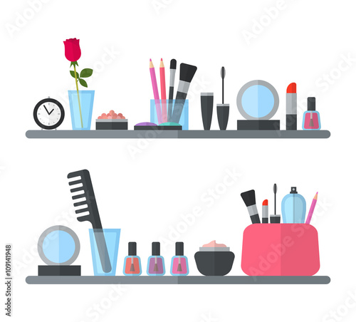 Make up cosmetic accessories on the shelves. Flat design
