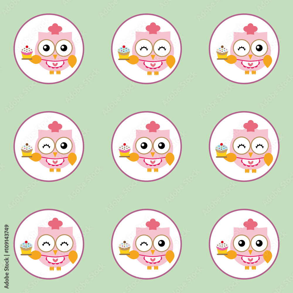 Fun pattern with pastry chef owl and cupcakes on green background Fun pattern with pastry chef owl and cupcakes on green background