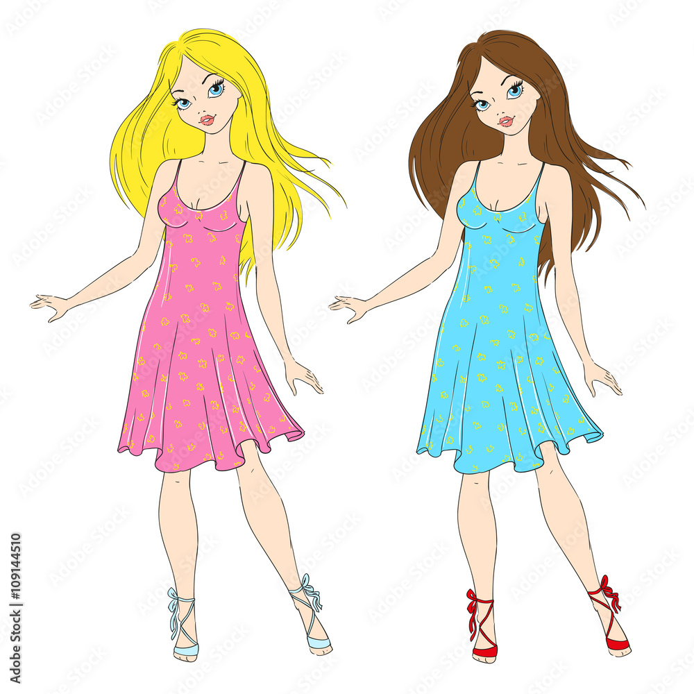 Beautiful girls in summer dresses. Blonde, brunette. Beautiful girls in summer dresses. Blonde, brunette.