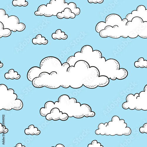 Seamless pattern of white clouds on a blue sky.
