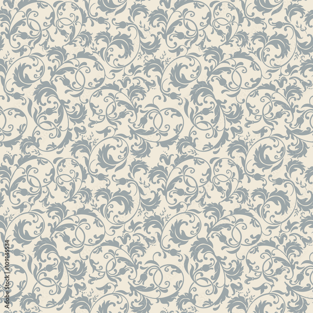 seamless victorian pattern in blue, grey and beige - obrazy, fototapety, plakaty 