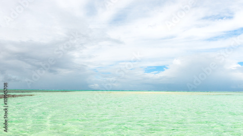 Nylon Pool in Tobago tourist attraction shallow depth of clear sea water covering coral and white sand panoramic view