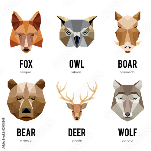 Low polygon animal logos. Triangular geometric animals logo set