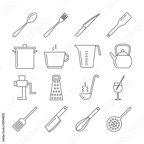 Cooking and kitchen tools line vector icons