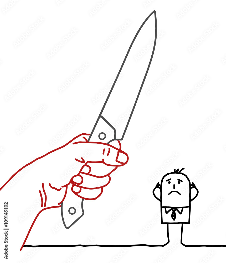 big hand and cartoon businessman - knife and danger