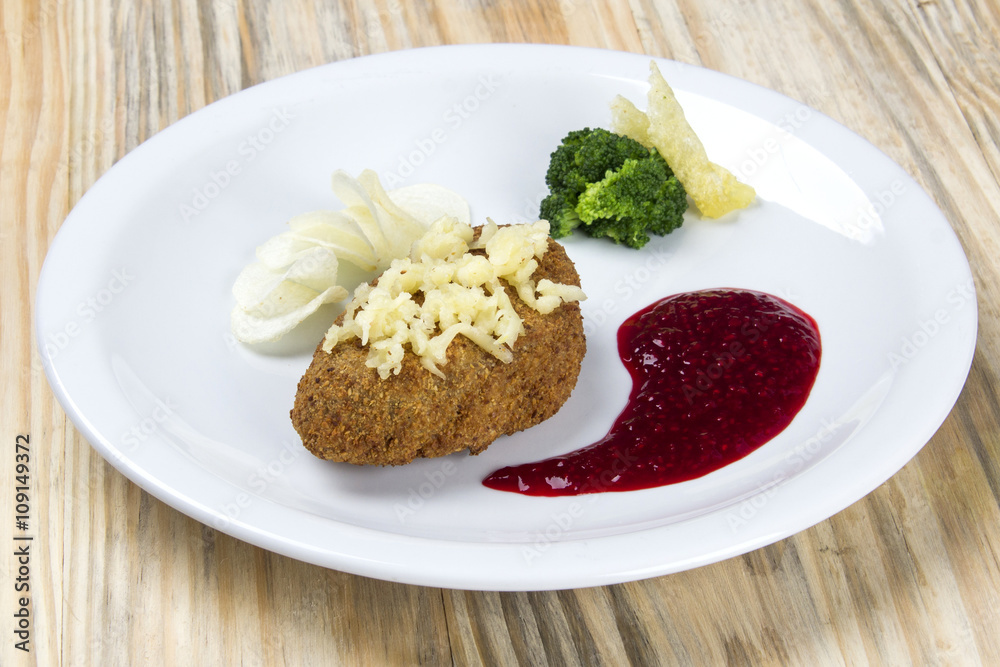 country fried steak with potato and sweet cream