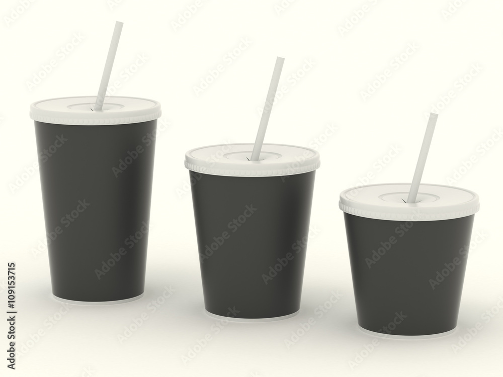 Several different paper cup set with black blank for design. Isolated on background. High resolution 3d illustration Several different paper cup set with black blank for design. Isolated on background. High resolution 3d illustration