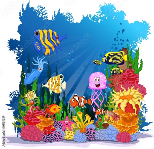 clown fish cartoon with coral background