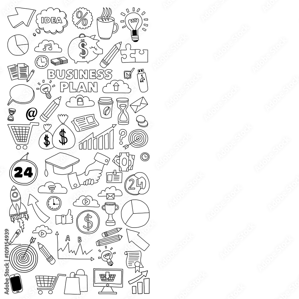 Vector set of doodle business icons on white paper