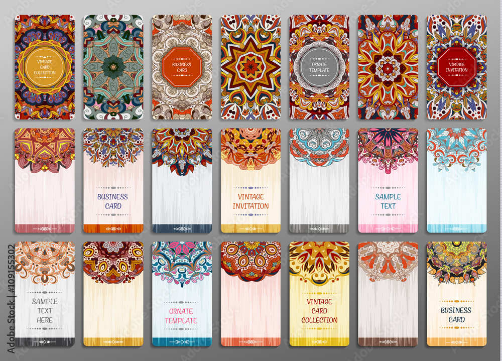Vector vintage visiting card set. Floral mandala pattern and ornaments.  Oriental design Layout. Islam, Arabic, Indian, ottoman motifs. Front page  and back page. Stock Vector